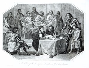 Hrabia Pembroke przedstawiający Henryka III (1207-72) baronom, 1216 grawerowany przez Saundersa autorstwa Benezach
