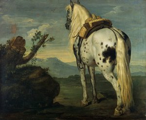 Koń Selle Français w krajobrazie autorstwa Benigne Gagnereaux