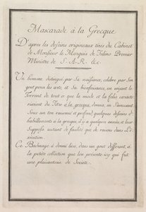 Grecka maskarada: Strona tytułowa, tabliczka 1, 1771.