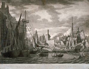 Widok obszaru Ratcliffe w Londynie, ukazujący ruiny po pożarze z 23 lipca 1794 r. autorstwa Benjamin Burnell