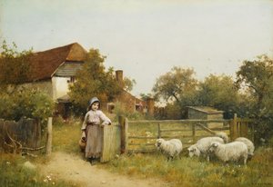 Młoda dziewczyna z owcą przy domku
