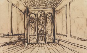 Studium wnętrza pokoju z obrazami religijnymi na panelach ściennych autorstwa Benjamin Robert Haydon