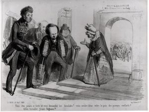 Dumas, Hugo et Balzac ubiegający się o przyjęcie do Akademii Francuskiej, ilustracja z „La Mode”, 23 listopada 1839 (rycina) (fot. bw)