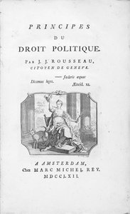 Frontyspis „Principals of Political Right” Jeana Jacquesa Rousseau z alegoryczną winietą Wolności, grawerowaną przez Borly’ego, wydaną w 1762 r.