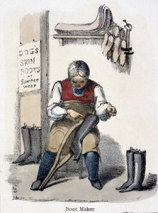 Wytwórca butów, z książki Pies w graficznych ilustracjach zwierząt – ukazujące ich użyteczność dla człowieka w ich pracy podczas życia i po śmierci, c.1845 autorstwa Benjamin Waterhouse Hawkins