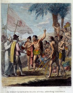 Indyjski kacyk z wyspy Kuba wita Krzysztofa Kolumba (1451-1506) oraz europejskich przedstawicieli wojskowych i duchownych, aby dyskutować o stworzeniu nowego państwa. Frontyspicjum „Historii cywilnej i handlowej brytyjskich kolonii W autorstwa Benjamin West