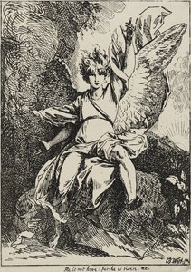 Anioł Zmartwychwstania, 1801 (litografia piórkiem na papierze tkanym osadzona na oryginalnym tkanym arkuszu pomocniczym z szarobrązową akwatintą) autorstwa Benjamin West