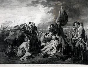 Śmierć generała Wolfe (1727-59) 1759, rytowana przez Augustina Legranda (rycina) (zdjęcie bundw) (patrz także 105409, 124902 i 153197) autorstwa Benjamin West