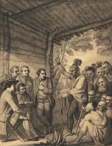 Indianie rozmawiają z pułkownikiem Bouquet na konferencji podczas pożaru Rady w pobliżu jego obozu nad brzegiem Muskingum w Ameryce, październik 1764, 1765 autorstwa Benjamin West