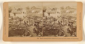 Kwatera główna Meada zniszczona przez strzały i pociski, bitwa pod Gettysburgiem. autorstwa Benjamin West Kilburn