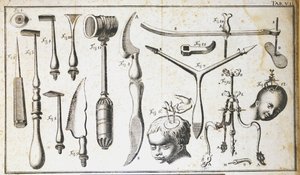 Deska chirurgiczna reprezentująca różne rodzaje narzędzi chirurgicznych, młotek, przegrzebek, noże, do usuwania mózgu. Grawerowanie Benoit Louis Prevost (1735-1809) XVIII wiek