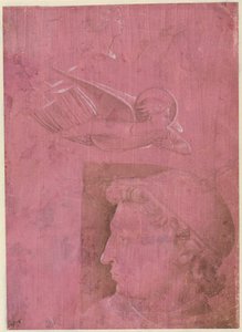 Głowa mężczyzny, dwa etiudy kobiecego profilu i studium anioła verso, c. 1458. autorstwa Benozzo Gozzoli