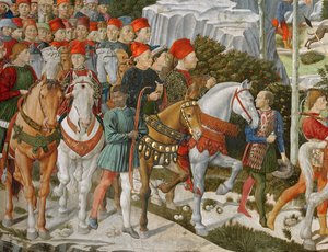 Galeazzo Maria Sforza, książę Mediolanu (1444-76), skrajny lewy, na brązowym koniu i Sigismondo Pandolfo Malatesta, władca Rimini (1417-68) obok niego na siwym koniu, fragment z Podróży M autorstwa Benozzo di Lese di Sandro Gozzoli