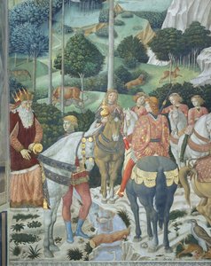 Giuseppe, patriarcha Konstantynopola, jako jeden z Trzech Króli, detal z cyklu Podróż Trzech Króli w kaplicy, ok. 1460 r. (fresk) autorstwa Benozzo di Lese di Sandro Gozzoli