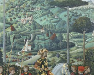 Jan VII Paleolog (1391-1448), cesarz wschodniorzymski, jako Baltazar, jeden z Trzech Króli, detal z cyklu Podróż Trzech Króli w kaplicy, ok. 1460 r. (fresk) autorstwa Benozzo di Lese di Sandro Gozzoli