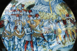 Płyta z majoliki przedstawiająca procesję Trzech Króli, autorstwa Benozzo Gozzoli (ok. 1420-1497), rękodzieło Gualdo Tadino, Umbria, Włochy autorstwa Benozzo di Lese di Sandro Gozzoli