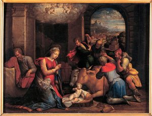 Adoracja pasterzy - Obraz Benvenuto Tisi da Garofalo (Il Garolafo) (1481-1559), olej na drewnie, 41,5x55 cm autorstwa Benvenuto Tisi da Garofalo