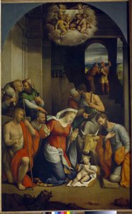 Adoracja Dzieciątka Jezus (Adoracja pasterzy). (Adoracja Dzieciątka Jezus). Obraz Benvenuto Tisi Da Garofalo (1481-1559), olej na płótnie autorstwa Benvenuto Tisi da Garofalo