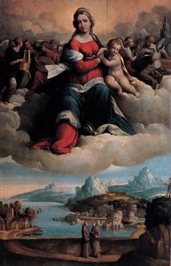 Madonna z Dzieciątkiem w chwale ze świętymi Antonim z Padwy i Franciszkiem, 1530 autorstwa Benvenuto Tisi da Garofalo