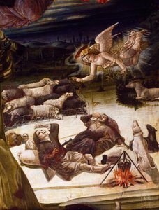 Anioł i pasterze, detal z ołtarza Narodzenia Pańskiego autorstwa Benvenuto di Giovanni (1436-ca 1518), obraz na drewnie.