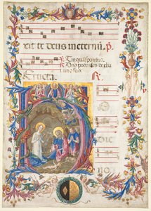 Pojedynczy listek z antyfonarza: Initial H[odie nobis] z Narodzenia