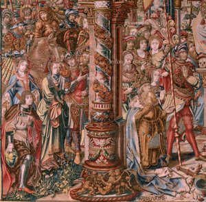 Flamandzki gobelin. Seria Honory. Wiara (La Fe). Pierwszy gobelin z serii. Wzorcowi rysownicy z kręgu Bernarda van Orleya i Jana Gossaerta (Mabuse). Manufaktura Pieter van Aelst, Bruksela. Około 1550. Tkanina Złoto, srebro, jedwab i wełna.