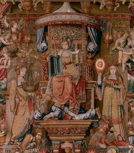 Flamandzki gobelin. Seria Honory. Wiara (La Fe). Pierwszy gobelin z serii. Wzorcowi rysownicy z kręgu Bernarda van Orleya i Jana Gossaerta (Mabuse). Manufaktura Pieter van Aelst, Bruksela. Około 1550. Tkanina Złoto, srebro, jedwab i wełna.