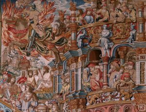 Flamandzki gobelin. Seria Honory. Sława (La Fama). Trzeci gobelin w serii. Wzorcowi rysownicy z kręgu Bernarda van Orleya i Jana Gossaerta (Mabuse). Manufaktura Pieter van Aelst, Bruksela. Około 1550. Tkanina Złoto, srebro, jedwab i wełna.