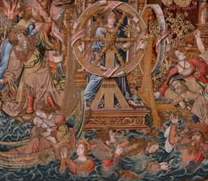 Flamandzki gobelin. Seria Honory. Fortuna, Droga do Honorów (La Fortuna, Camino de los Honores). Piąty gobelin z serii. Wzorcowi rysownicy z kręgu Bernarda van Orleya i Jana Gossaerta de Mabuse. Manufaktura Pieter van Aelst, Brusse