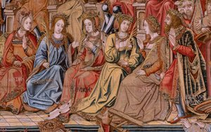 Flamandzki gobelin. Seria Honory. Honor (El Honor). Drugi gobelin w serii. Wzorcowi rysownicy z kręgu Bernarda van Orleya i Jana Gossaerta (Mabuse). Manufaktura Pieter van Aelst, Bruksela. Około 1550. Tkanina Złoto, srebro, jedwab i wełna.