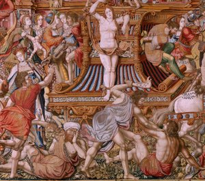 Flamandzki gobelin. Seria Honory. Niesława (La Niesława). Szósty gobelin w serii. Wzorcowi rysownicy z kręgu Bernarda van Orleya i Jana Gossaerta (Mabuse). Manufaktura Pieter van Aelst, Bruksela. Około 1550. Tkanina Złoto, srebro, jedwab i wełna.