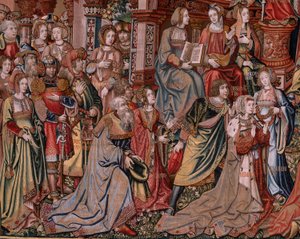 Flamandzki gobelin. Seria Honory. Sprawiedliwość (La Justicia, Los Honores). Dziewiąty gobelin w serii. Wzorcowi rysownicy z kręgu Bernarda van Orleya i Jana Gossaerta (Mabuse). Manufaktura Pieter van Aelst, Bruksela. ok. 1550. Tkanina Złoto, srebro,