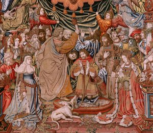 Flamandzki gobelin. Seria Honory; Szlachta (La Nobleza). Czwarty gobelin w serii. Wzorcowi rysownicy z kręgu Bernarda van Orleya i Jana Gossaerta (Mabuse). Manufaktura Pieter van Aelst, Bruksela. Około 1550 r. Tkanina Złoto, srebro, jedwab i wełna