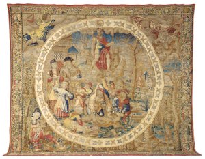Alegoryczny gobelin brukselski przedstawiający miesiąc grudzień z „Miesiąców medalionu”, ok. 1525 r. autorstwa Bernard van Orley