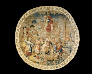 Alegoryczny gobelin brukselski przedstawiający miesiąc grudzień z „Miesiąców medalionu”, ok. 1525 autorstwa Bernaert van Orley
