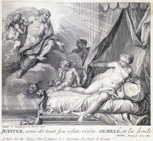 Jupiter (Zeus) pali Semele swoją błyskawicą. Rycina z XVIII wieku według rysunku B. Picarta wykonana w 1708 roku. autorstwa Bernard (after) Picart