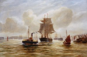 Holownik parowy holujący statek u ujścia Tyne