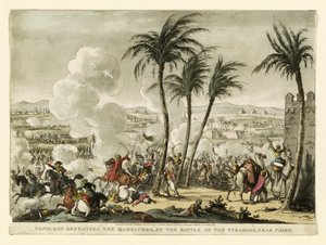 Napoleon pokonujący Mameluków w bitwie pod piramidami pod Kairem, rycina George Cruikshank (1769-1823), wyd. 1823 (grawerowanie ręcznie kolorowane)
