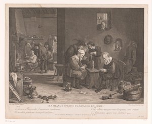 Wnętrze karczmy z figurkami do gry w karty Les Francs Maçons Flamands en Loge (tytuł na obiekcie) autorstwa Bernard François Lépicié