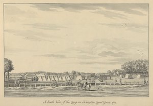 Południowy widok na obóz w Hampton Court Green 1731, 1731-33 (pióro i czarny tusz oraz pranie na papierze czerpanym) autorstwa Bernard III Lens
