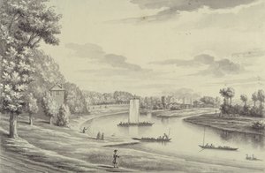 A West View of Hampton Court Ferry i Hampton Church at a Distance, 1731-33 (pióro i czarny tusz oraz pranie na papierze wykładanym) autorstwa Bernard III Lens