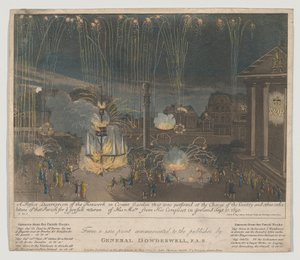 Fajerwerki w Covent Garden, 1809 (akwaforta i akwatinta, ręcznie kolorowane) autorstwa Bernard II Lens