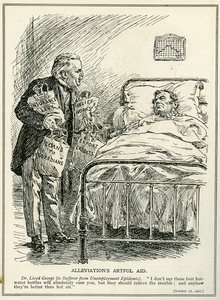Dr Lloyd George proponuje wyleczyć poszkodowanego z epidemii bezrobocia czterema butelkami gorącej wody, „Opłatą ubezpieczeniową”, „Pracą pomocową”, „Pożyczką” i „Kredytami eksportowymi”