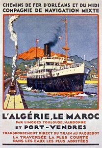 Plakat reklamowy francuskiej kolei jadącej do Algierii i Maroka z Francji przez Limoges, Tuluzę, Narbonne i Port Vendres ok. 1900 r. autorstwa Bernard Lachevre