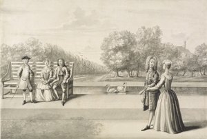 Figurki na brzegu Long Water, Pałac Hampton Court (szary wash długopisem i tuszem na ołówku na papierze) autorstwa Bernard Lens