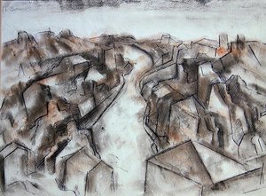 A Quiet Street (kolorowa kreda wash z niebieskim tuszem) autorstwa Bernard Meninsky