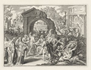 Karykatura kontrowersji Schouwburg, c. 1685 autorstwa Bernard Picart (attributed to)