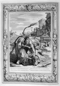 Achelos w kształcie byka zostaje pokonany przez Herkulesa, 1733 autorstwa Bernard Picart