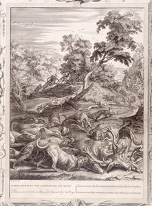 Akteon zamieniony w jelenia i pożarty przez swoje psy, 1731 autorstwa Bernard Picart