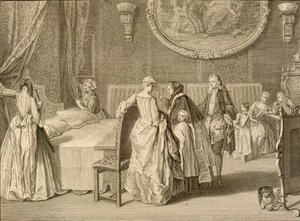 Błogosławieństwo łoża małżeńskiego, ilustracja z „Ceremonii i obyczajów religijnych”, 1724 autorstwa Bernard Picart